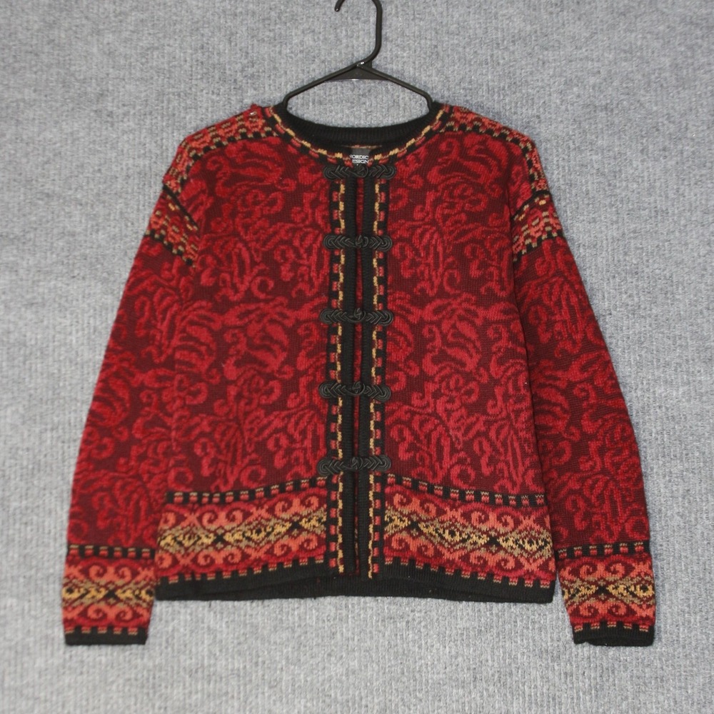 Nordic Design Cardigan Sweater Womens‎ S Red Wool Blend Frog Closure Nordic Folk